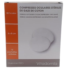 VITADOMIA Compresses Oculaires Stériles : 10 compresses 100 % coton de 6 x 8 cm, conditionnées individuellement. Pour protéger la zone oculaire.