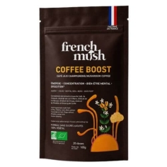 Boisson Boost Bio Café French Mush en poudre, alternative naturelle au café à base de champignons adaptogènes bio pour énergie et concentration.