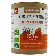 Flacon Curcuma Pipérine Bio Nat&form - 4 gélules par jour - confort articulaire - complément alimentaire BIO