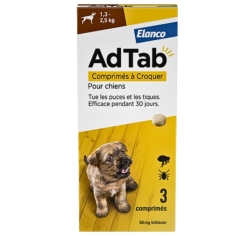 AdTab - Comprimés à Croquer Anti-Puces Anti-Tiques - Chien 1.3 à 2.5kg - 3 Comprimés