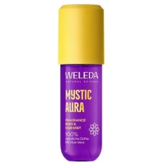 Brume parfumée Weleda Mystic Aura 95 ml pour corps et cheveux, aux notes florales, boisées et ambrées, offrant un parfum délicat et une sensation de fraîcheur.
