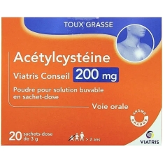 ACETYLCYSTEINE 200 mg - Toux Grasse Poudre pour Solution Buvable 20 sachets-dose de 3 g -Bronchite Aigus - Arôme Orange - Viatris