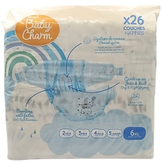 BABY CHARM - 26 Couches 6 XL 13-18 kg. Couches hypoallergéniques, jusqu'à 12h de protection au sec.