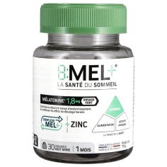 8 : MEL + 1,8 mg - Complément mélatonine - Contribue à réduire le temps d'endormissement,  aide à atténuer les effets du décalage horaire. 30 gommes goût mûre.