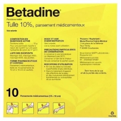 BETADINE - TULLE 10%  Boite de 10 pansements médicamenteux 10cm X 10cm . VIATRIS.