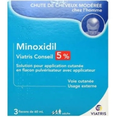MINOXIDIL 5% - Chute de Cheveux Modérée  chez l'Homme . Alopécie . Viatris - 3x60 ml