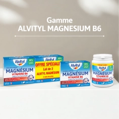 Gamme Alvityl Magnésium Vitamine B6 : boîtes de 45 comprimés et flacon de 120 comprimés