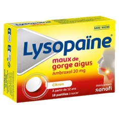 LYSOPAINE Maux de Gorge Aigus - Ambroxol 20mg - 18 pastilles à sucer Citron