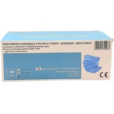 Masque Chirurgical Type IIR  x50. 3 couches de protection. Couleur bleu, fixation : élastiques auriculaires.