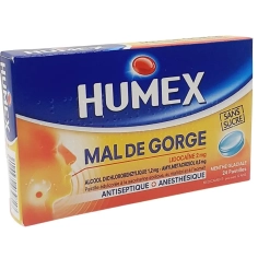 HUMEX - Médicament Mal de Gorge 24 Pastilles Lidocaïne 2mg - Sans Sucre Menthe Glaciale