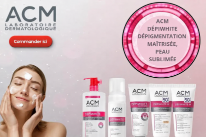 Bannière ACM Dépiwhite : gamme de crèmes dépigmentantes et protectrices SPF50+ pour taches brunes, avec crème corporelle éclaircissante