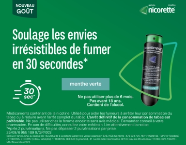 Nicorette Spray Menthe Verte 1 mg/dose, nouveau goût, substitut nicotinique pour aider à soulager les envies de fumer dès 30 secondes.