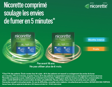 Nicorette comprimés à sucer 2 mg, goûts Menthe Intense et Fruits, substituts nicotiniques pour soulager les envies de fumer et accompagner l'arrêt du tabac.
