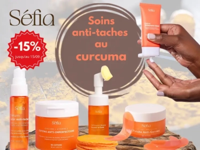 Gamme de soins visage Séfia au curcuma : patchs anti-cernes, sérum éclat anti-taches, nettoyant brosse, cotons et crème hydratante anti-imperfections
