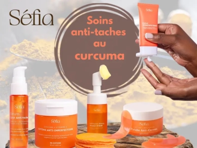 Gamme de soins visage Séfia au curcuma : patchs anti-cernes, sérum éclat anti-taches, nettoyant brosse, cotons et crème hydratante anti-imperfections