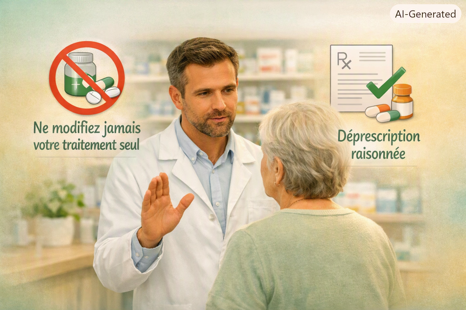 Pharmacien expliquant à une aidante qu’il ne faut jamais modifier un traitement seul, avec pictogrammes “Ne pas changer la dose” et “Déprescription raisonnée”, ambiance douce menthe‑sable Pharmacie Veau.