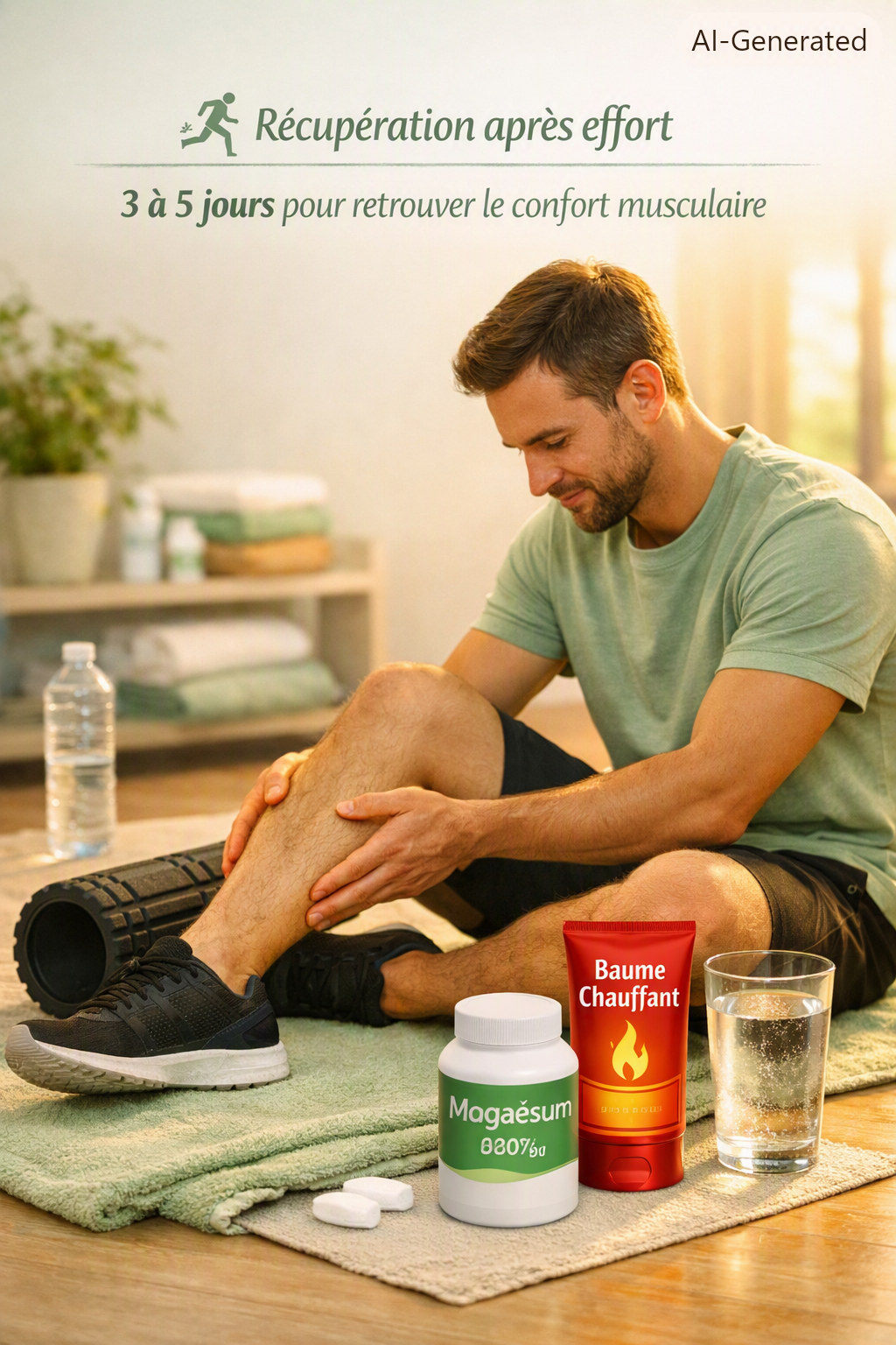 Sportif assis massant ses mollets avec un foam roller et un baume chauffant, lumière naturelle de fin de journée, visuel bien‑être et récupération musculaire signé Pharmacie Veau