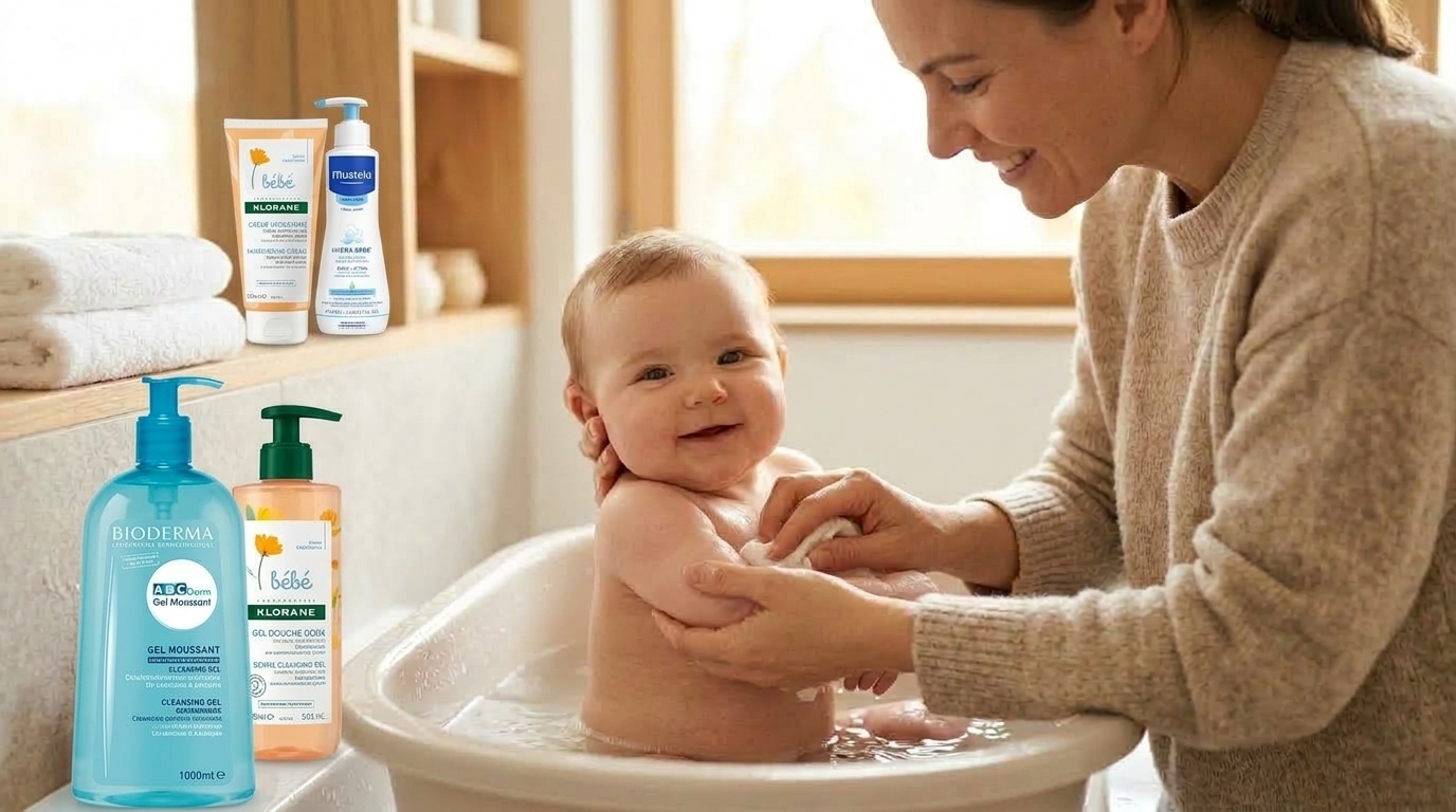 Maman lavant délicatement le bras de son bébé dans une petite baignoire d'eau tiède, ambiance douce.