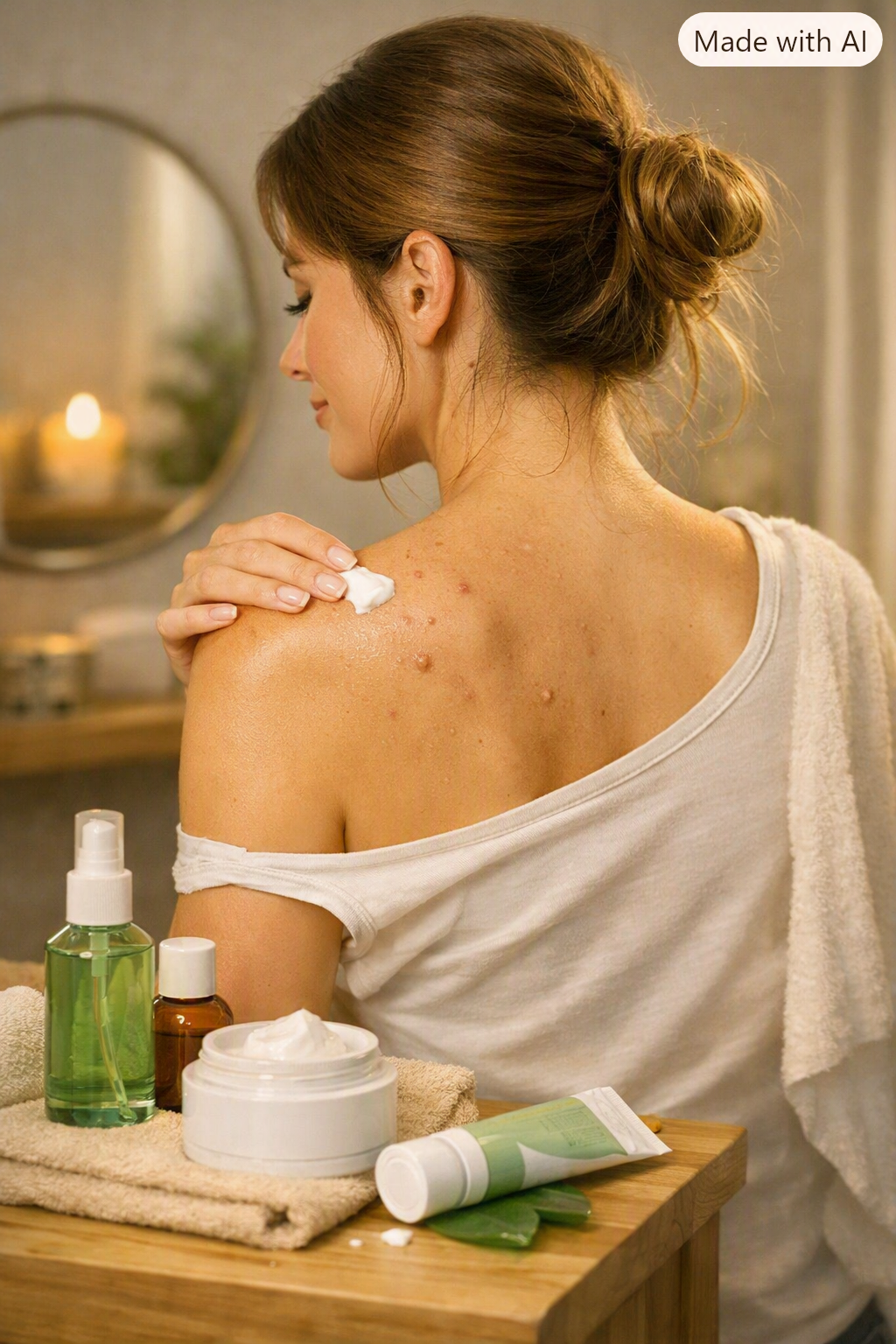 une femme vue de dos, débardeur tombé sur une épaule, imperfections légères sur le haut du dos, ambiance douce salle de bain