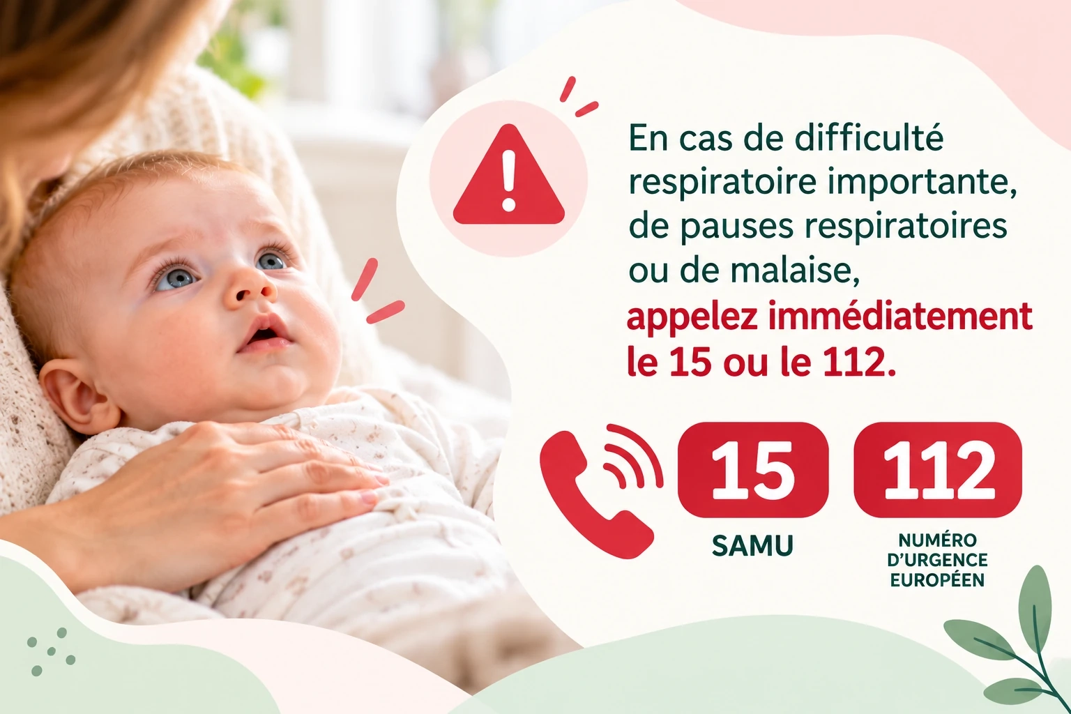 Nourrisson dans les bras d'un parent avec rappel des signes d'urgence respiratoire et des numéros 15 et 112.