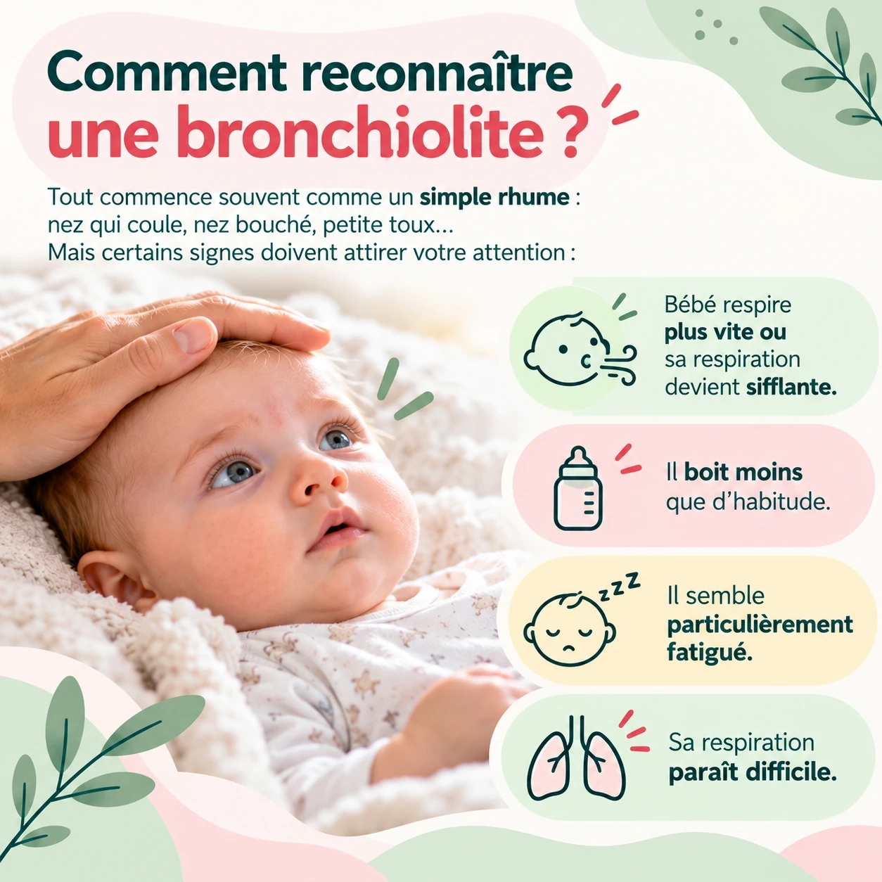 Infographie des conseils en cas de bronchiolite chez bébé : lavage de nez, surveillance de la respiration et de l'alimentation, précautions concernant les sirops contre la toux.