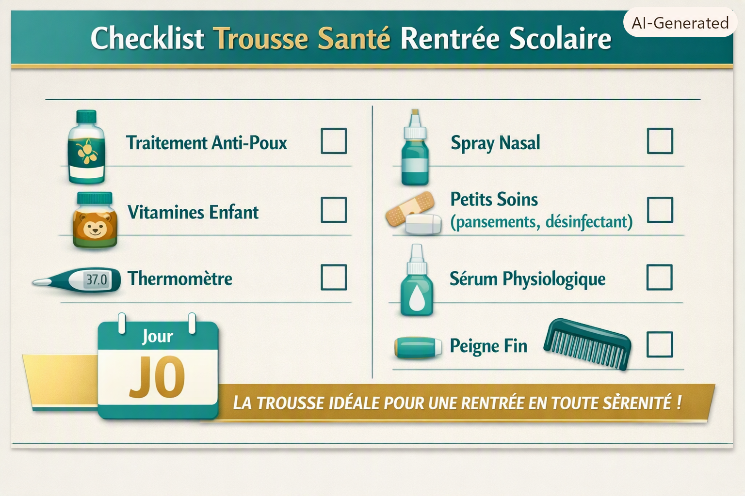 Infographie checklist trousse santé rentrée scolaire : traitement anti‑poux, vitamines enfant, thermomètre, spray nasal, peigne fin, mise en page en colonnes avec cases à cocher, palette teal‑mint‑gold, style Pharmacie Veau.