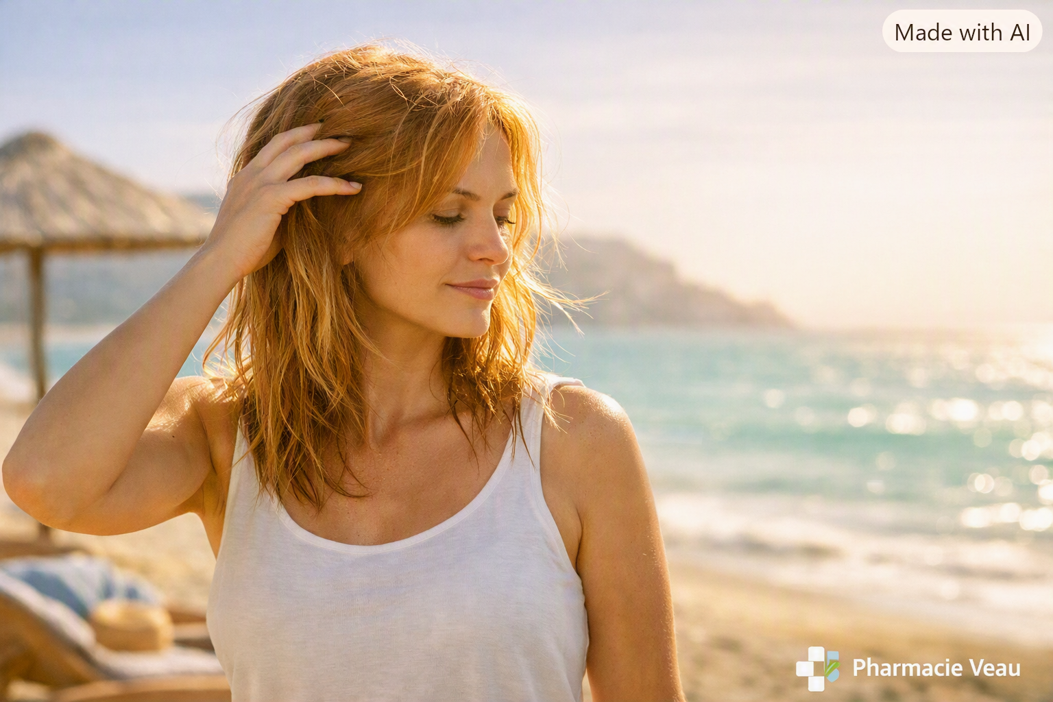 Femme au soleil, cheveux légèrement abîmés (UV, sel, chlore). Ambiance bord de mer, tons sable + vert menthe.