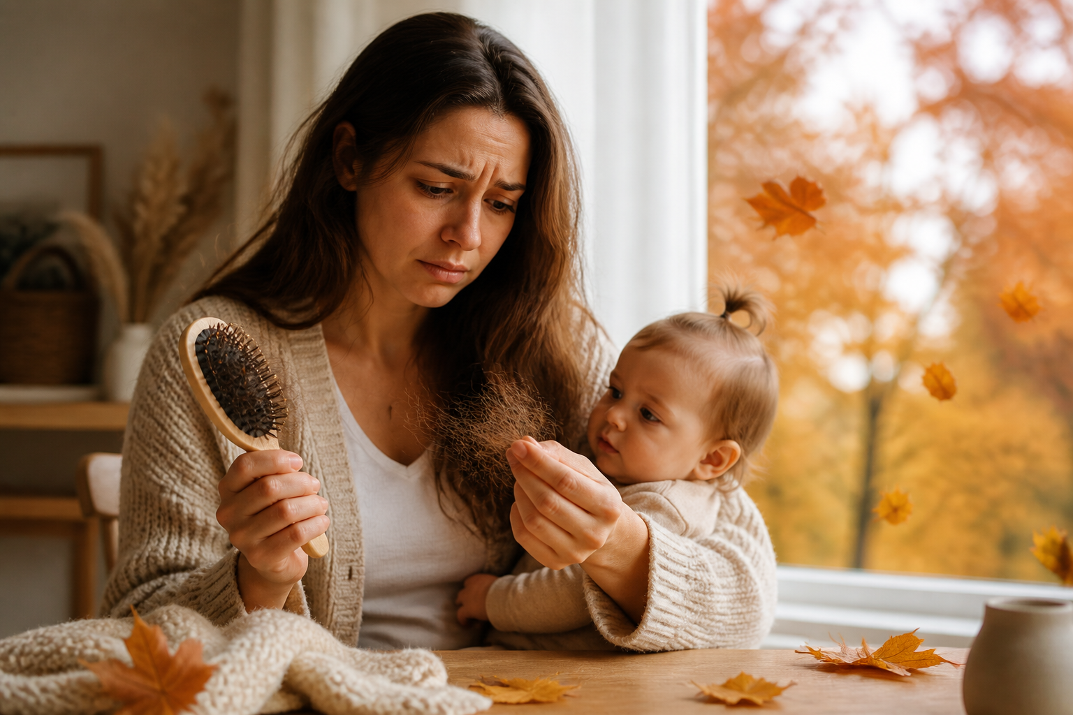 Jeune mère assise près d’une fenêtre tenant son bébé, observant une mèche de cheveux tombée dans sa main, ambiance automnale chaleureuse avec feuilles dorées, illustrant la chute de cheveux post‑partum.