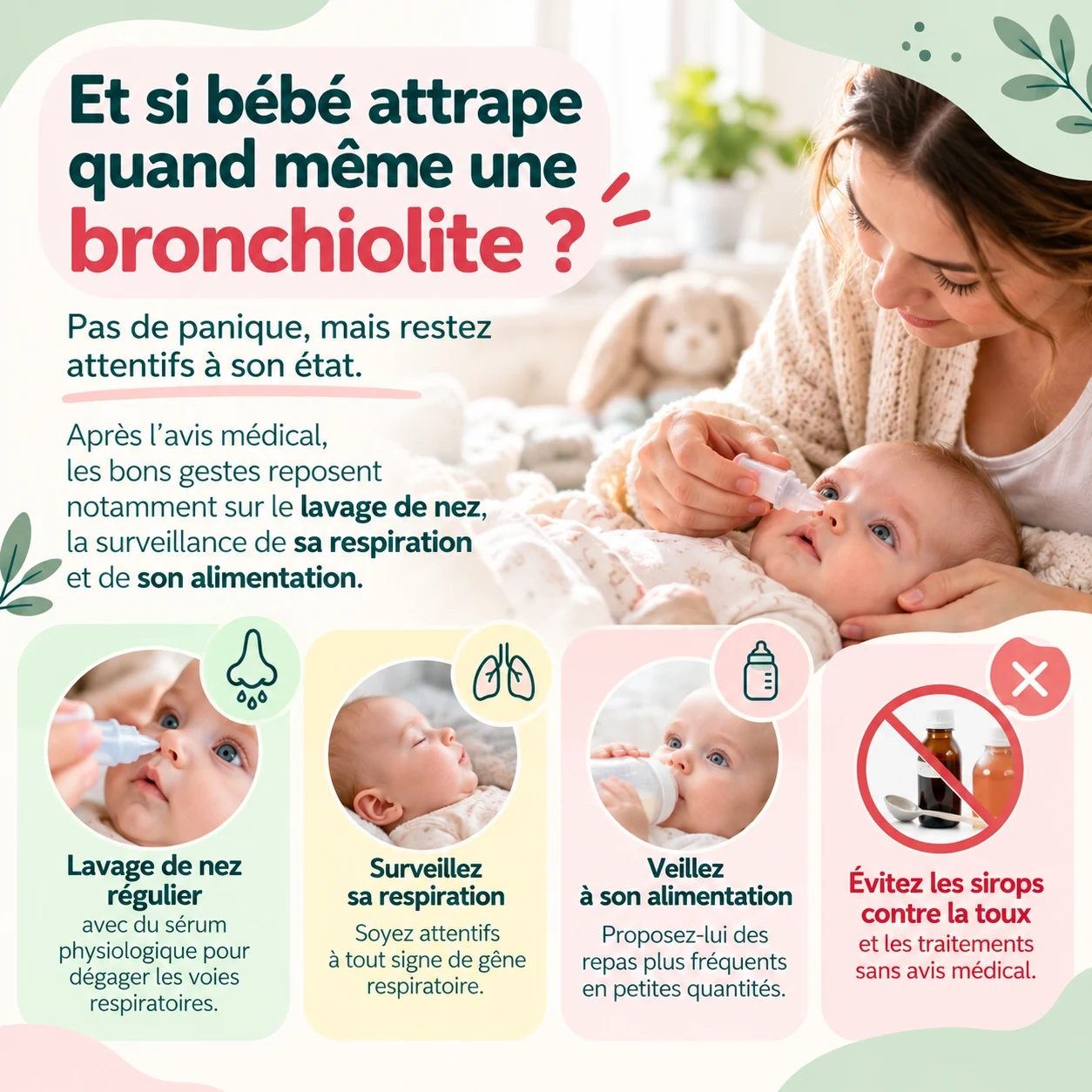 Infographie des conseils en cas de bronchiolite chez bébé : lavage de nez, surveillance de la respiration et de l'alimentation, précautions concernant les sirops contre la toux.