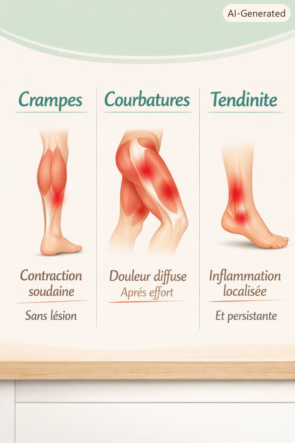Infographie santé illustrant les différences entre crampes, courbatures et tendinites : zones musculaires rouges sur mollet, cuisse et cheville, style doux et pédagogique Pharmacie Veau