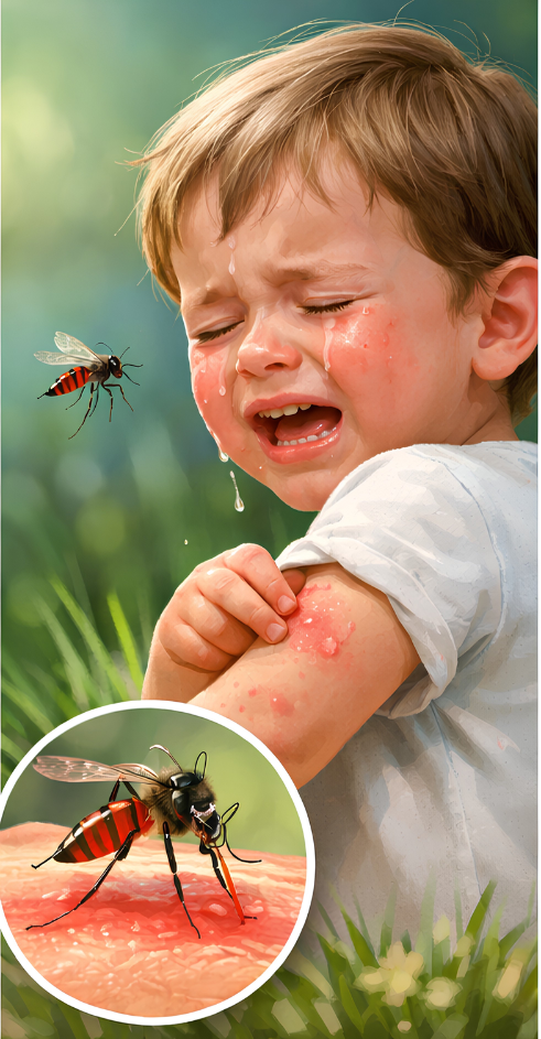 Enfant qui pleure après une piqûre d'insecte