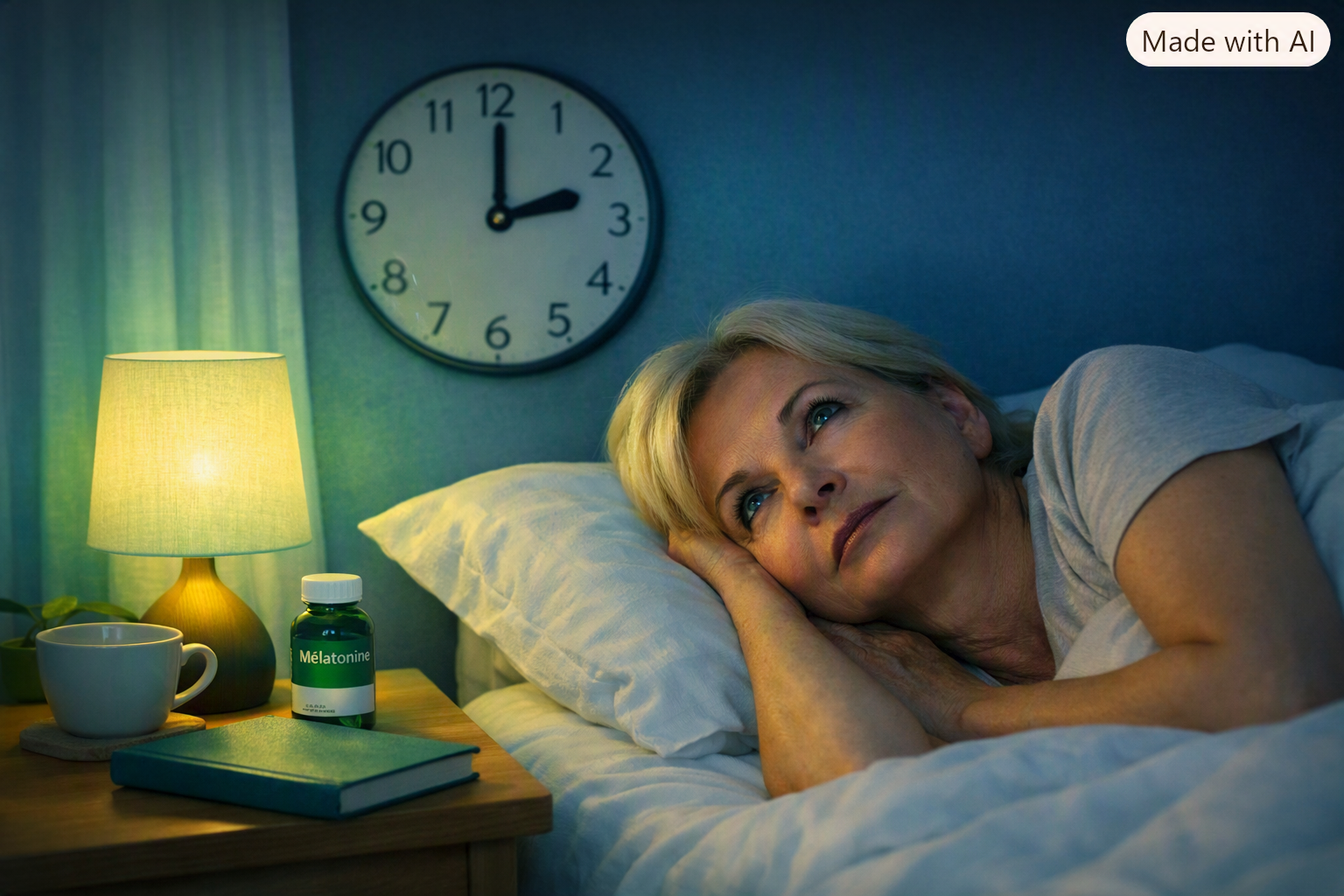 Personne allongée dans son lit, éveillée tard le soir, avec une lampe allumée et un flacon de mélatonine posé sur la table de nuit, illustrant les difficultés d’endormissement.