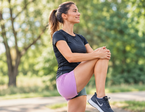 une sportive réalisant un échauffement dynamique avant de courir : mobilisation des jambes, montée de genoux légère ou mouvements articulaires.