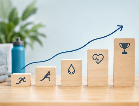 illustration graphique originale :  Pause → reprise douce → adaptation → progression → retour au niveau,  avec une courbe ascendante douce et quelques pictogrammes très simples : 🏃 → 🧘 → 💧 → 📈