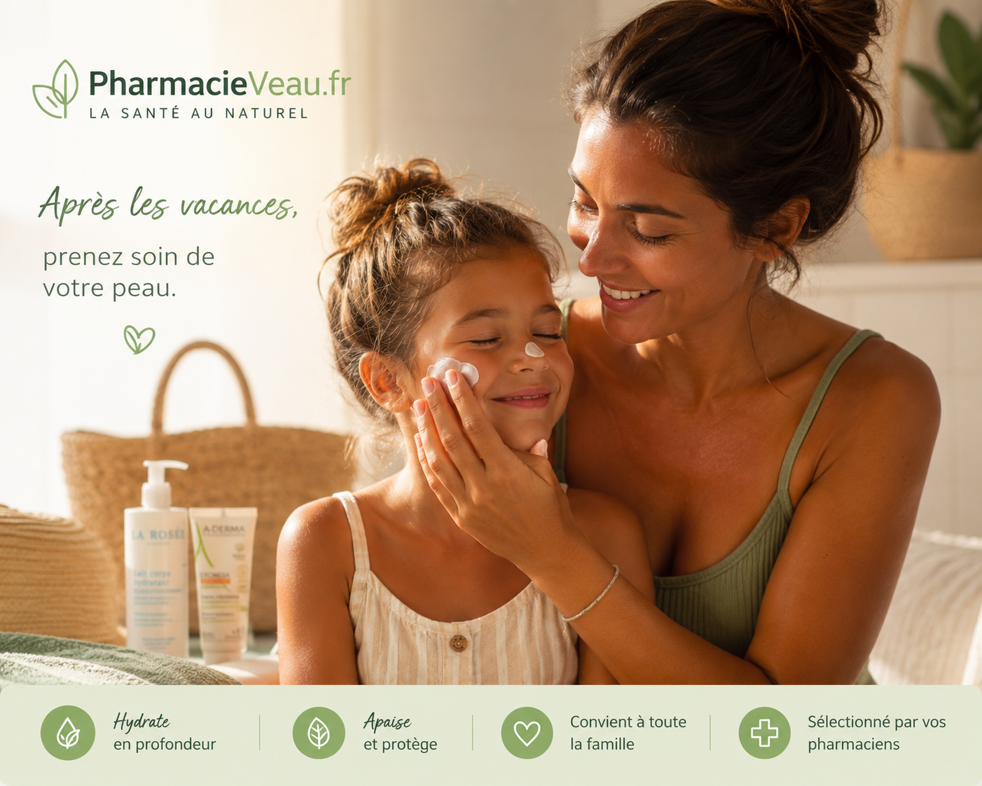 Famille monoparentale (un parent + un enfant), bronzée après les vacances, en train d’appliquer une crème hydratante. Ambiance douce, lumière chaude, palette Pharmacie Veau.