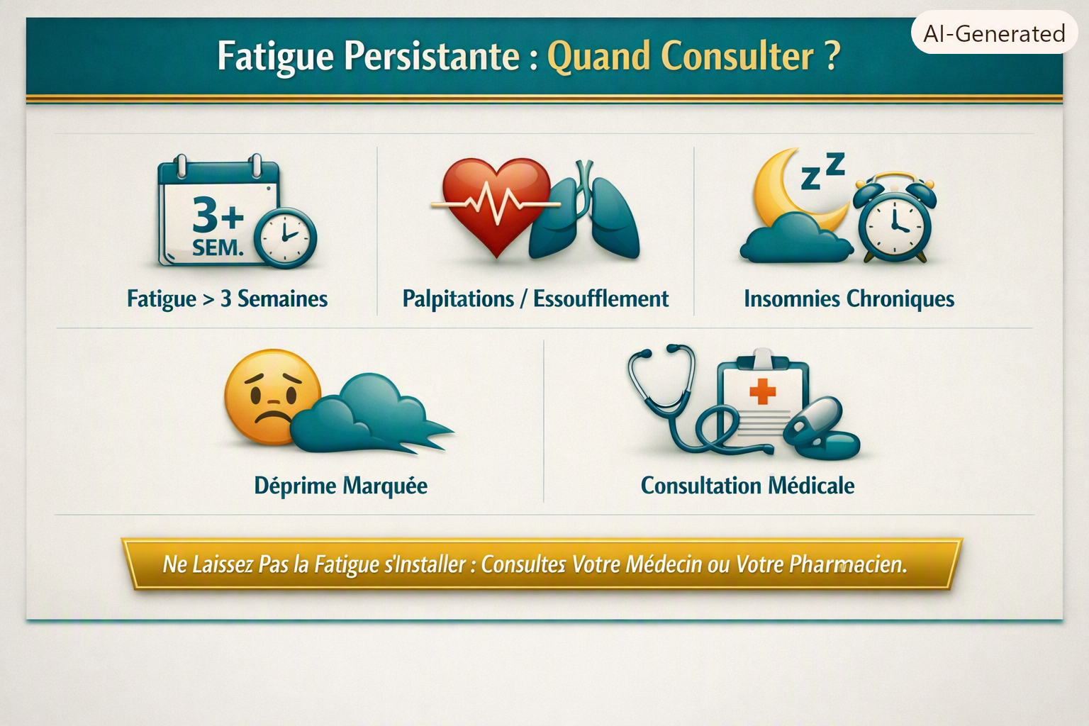 Infographie fatigue persistante adulte, style Pharmacie Veau, palette teal/mint/gold, icônes fatigue 3 semaines, palpitations, insomnies, déprime, consultation médicale, design épuré sans personnages.