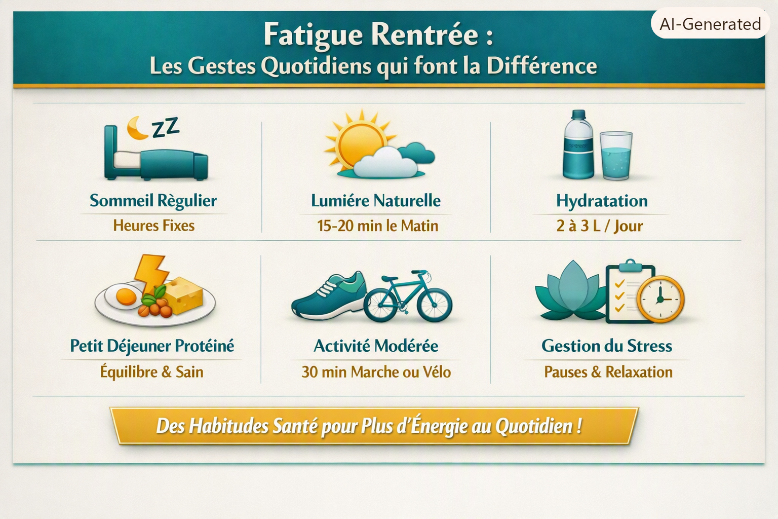 Infographie gestes anti‑fatigue adulte, style Pharmacie Veau, palette teal/mint/gold, icônes sommeil régulier, lumière naturelle, hydratation 2–3 L, petit-déjeuner protéiné, activité physique modérée, design épuré sans personnages.