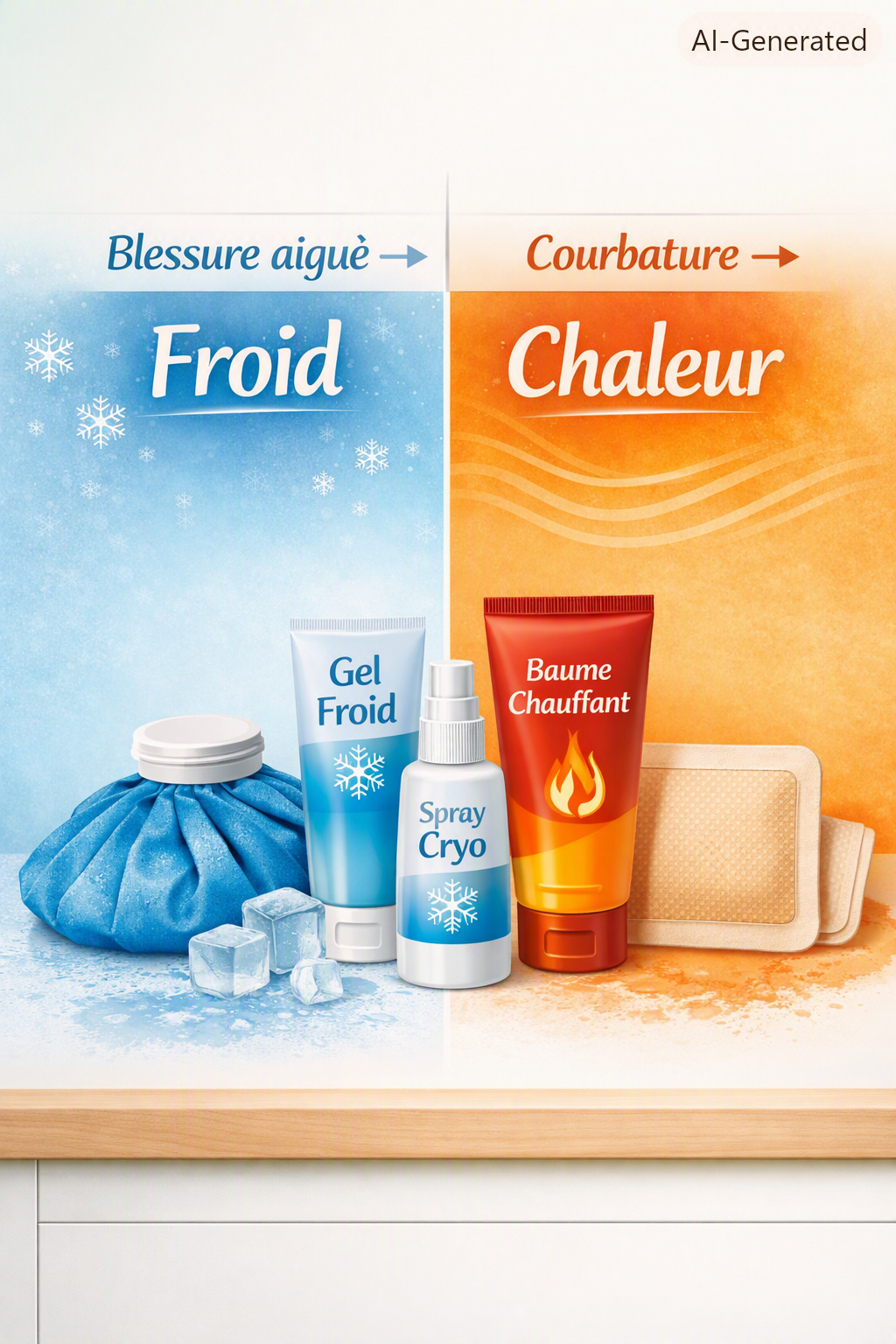 Infographie comparant les soins par froid et par chaleur : poche de glace, gel cryo et spray à gauche ; baume chauffant et patch thermique à droite, fond bleu et orange, conseils Pharmacie Veau