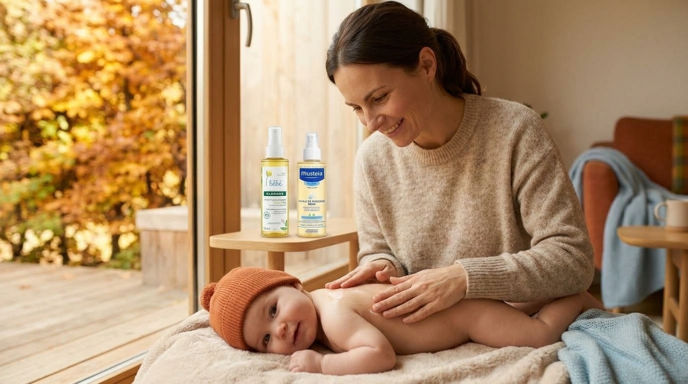 Une maman applique une huile de massage douce sur son bébé dans une ambiance chaleureuse et lumineuse.