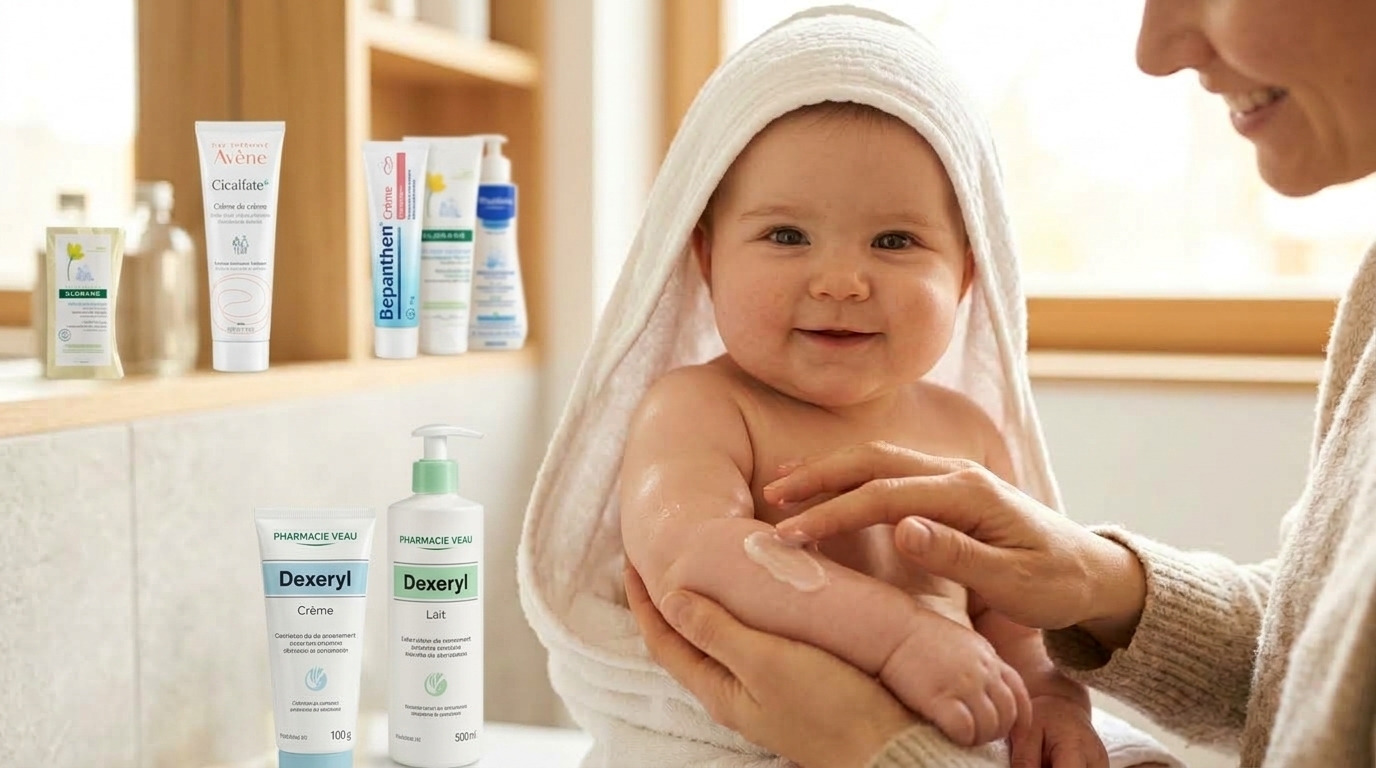 Gros plan maman appliquant une noisette de crème hydratante neutre sur le bras de son bébé après le bain.