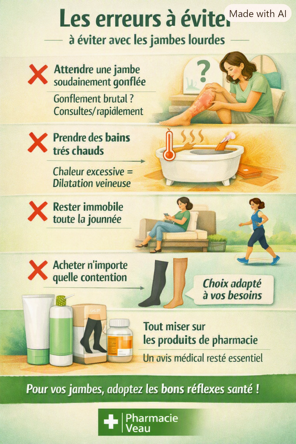 Infographie santé illustrant les erreurs à éviter avec les jambes lourdes : jambe gonflée, bains chauds, immobilité, contention mal adaptée et automédication sans avis médical ; visuel pédagogique vert menthe et rouge aux couleurs de la Pharmacie Veau.