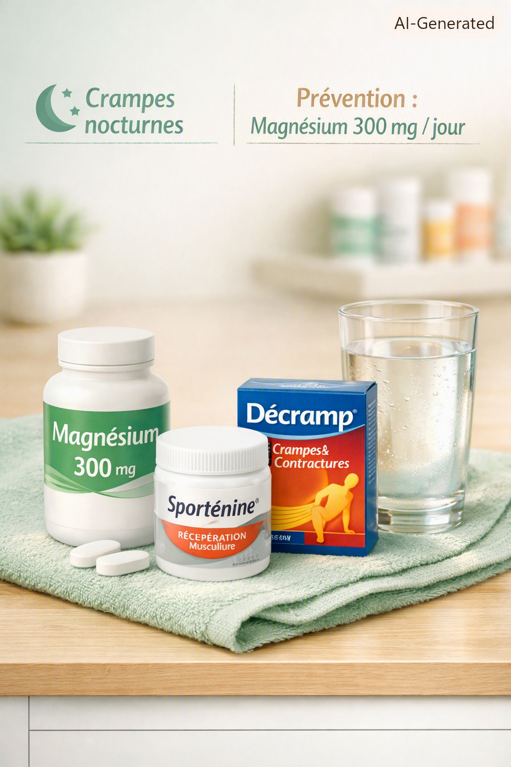 Photo de produits contre les crampes nocturnes : flacon de magnésium 300 mg, Sporténine®, Décramp® et verre d’eau sur serviette de sport, ambiance douce et lumineuse Pharmacie Veau.