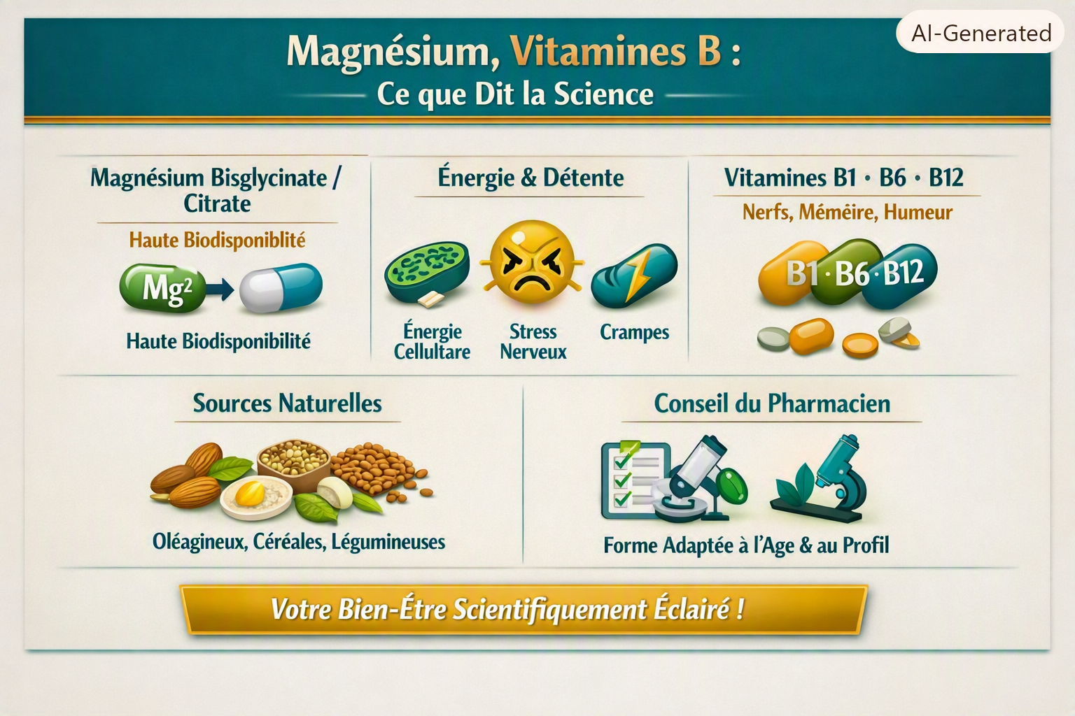 Infographie magnésium et vitamines B, style Pharmacie Veau, palette teal/mint/gold, icônes magnésium bisglycinate, vitamines B1 B6 B12, énergie cellulaire, stress nerveux, biodisponibilité, design épuré sans personnages.