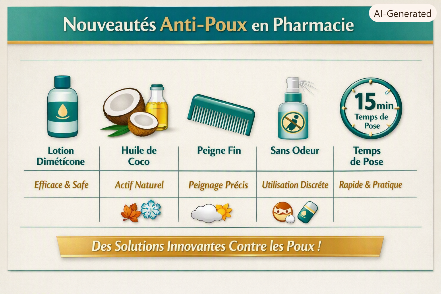 Infographie santé illustrant les nouveautés anti‑poux : lotion à la diméticone, huile de coco, peigne fin, spray sans odeur et temps de pose 15 minutes, design épuré teal‑mint‑gold, style professionnel Pharmacie Veau.
