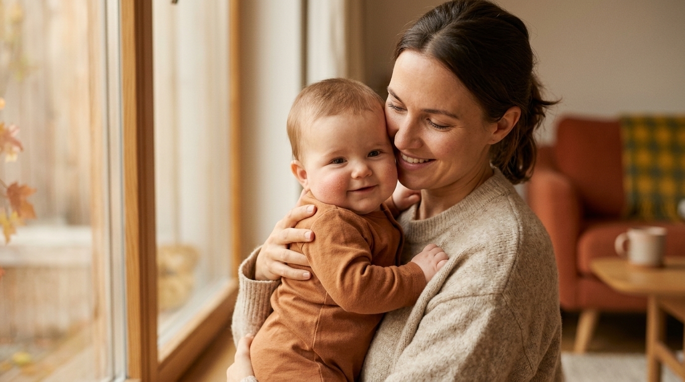 Maman câlinant son bébé près d'une fenêtre en automne, focus sur la joue douce du nourrisson.