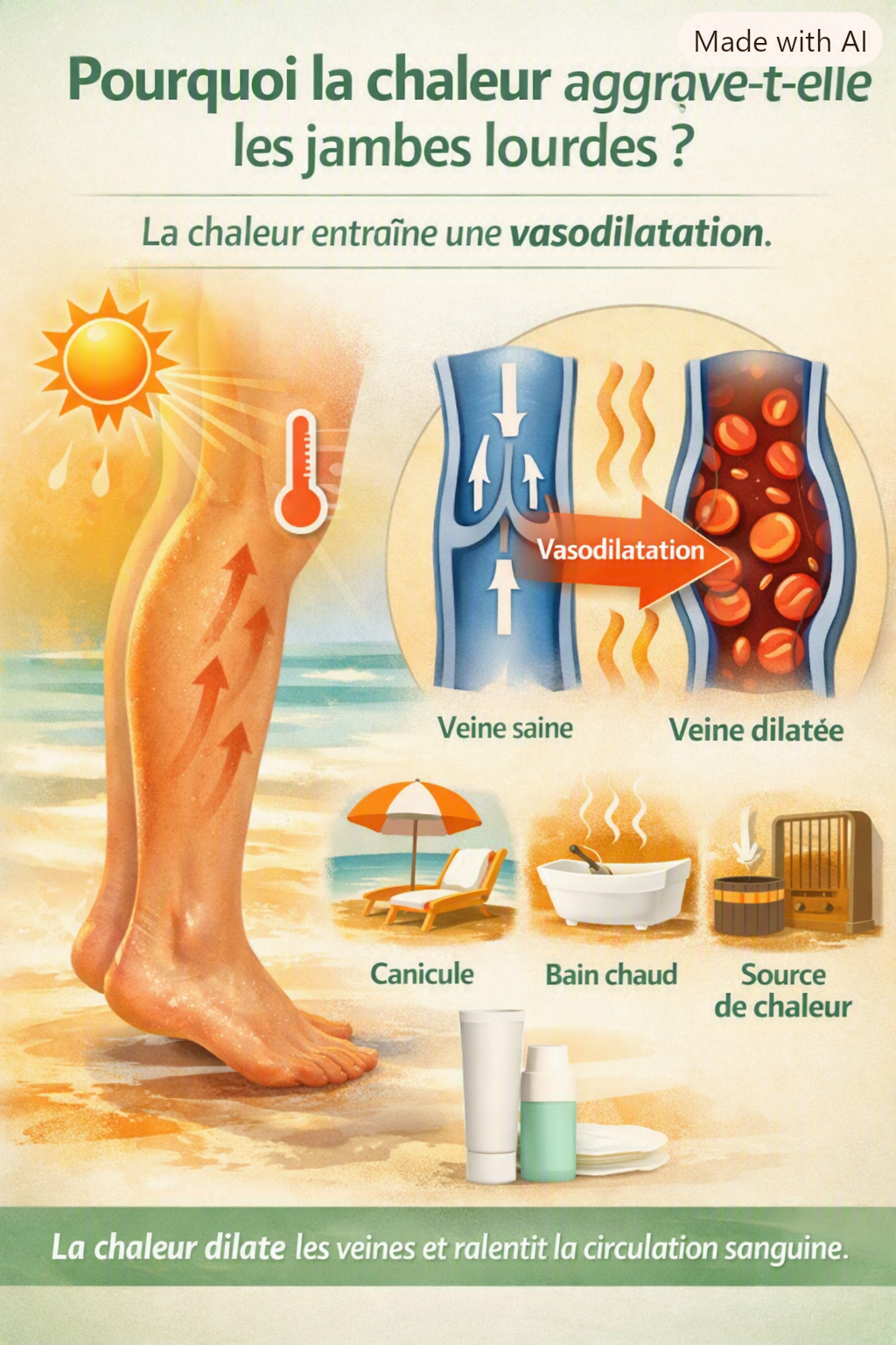 Infographie santé illustrant la vasodilatation : jambes féminines rougies par la chaleur, soleil et flèches indiquant le ralentissement du retour veineux, schéma comparatif entre veine saine et veine dilatée, style doux et pédagogique Pharmacie Veau.