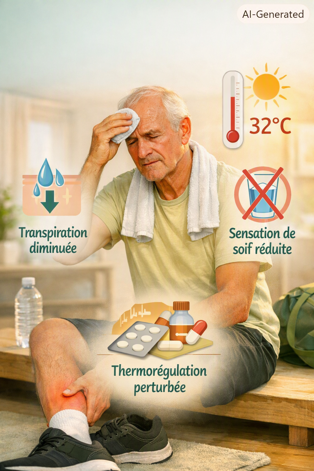 Infographie listant les médicaments augmentant le risque de coup de chaleur (psychotropes, diurétiques, antihistaminiques, lithium, statines, antiépileptiques, IEC) avec un panneau d’alerte central, style menthe‑sable Pharmacie Veau