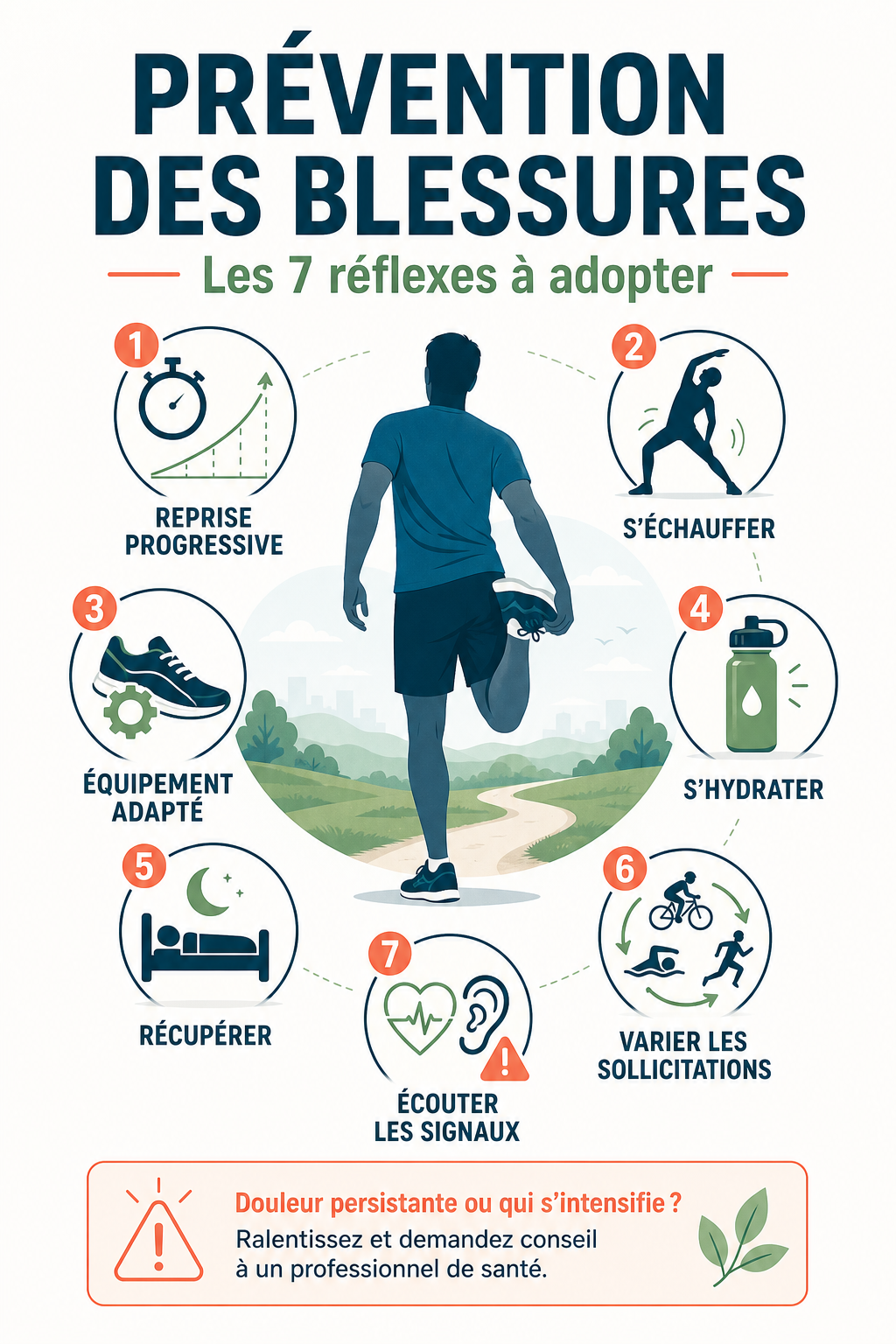 Infographie sur la prévention des blessures sportives présentant 7 réflexes : reprendre progressivement, s’échauffer, adapter son équipement, s’hydrater, récupérer, varier les activités et écouter les signaux inhabituels du corps.