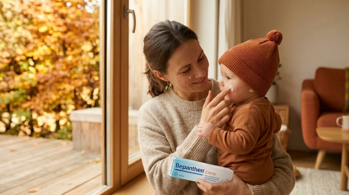 Maman applique une crème sur les joues de bébé avant une sortie en automne