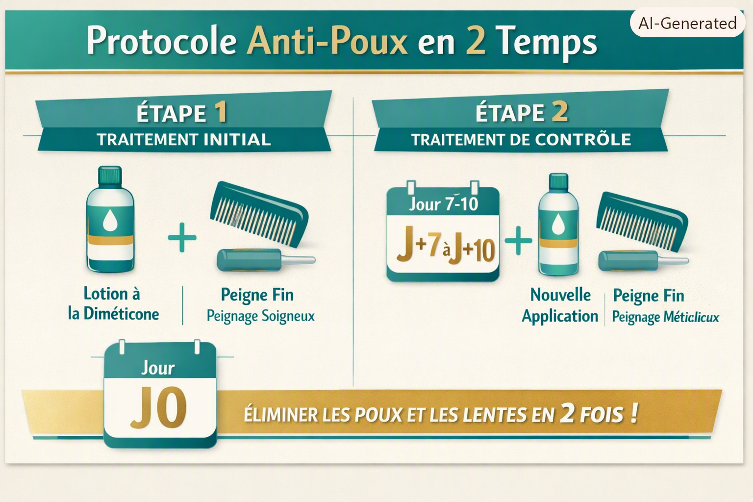 Infographie santé illustrant le protocole anti‑poux en deux étapes : application de lotion à la diméticone et peignage fin à J0 puis J+7 à J+10, Pharmacie Veau